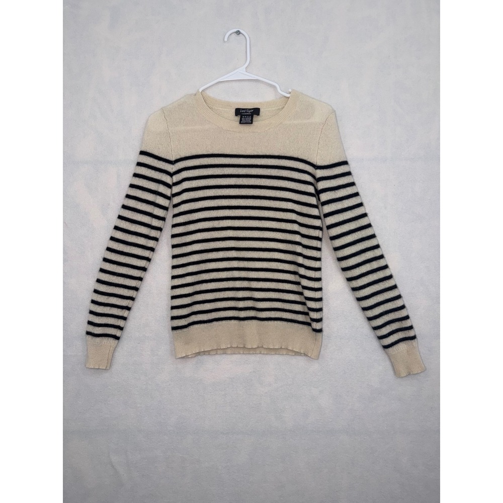 Lord & Taylor 100% Cashmere Sweater Womens Small Cream Black Striped Crew Neck